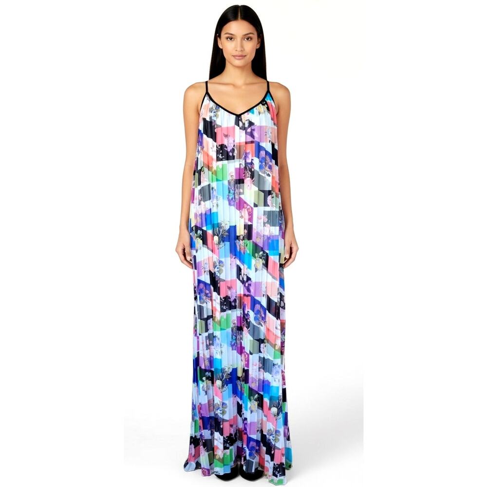 BAR III Pleated Maxi Dress Size XL Floral Graphic Multicolor Sleeveless Flowy